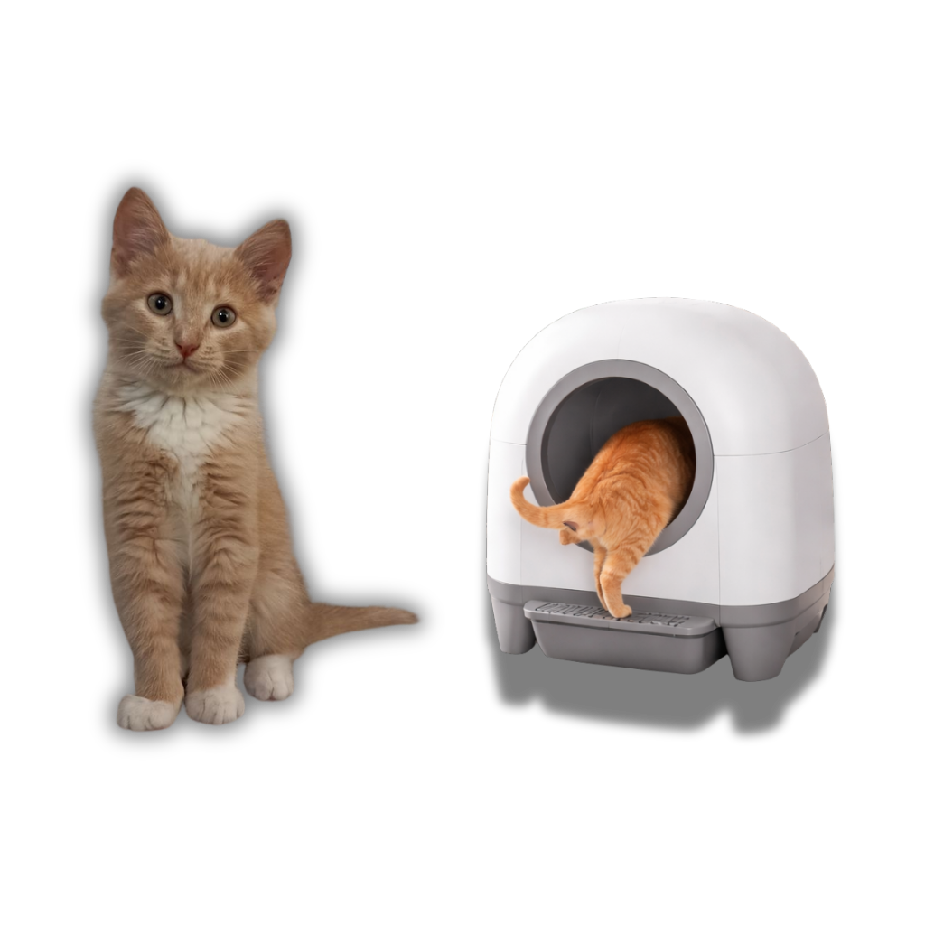 AutoPaws War Cat self-cleaning litter box with a kitten